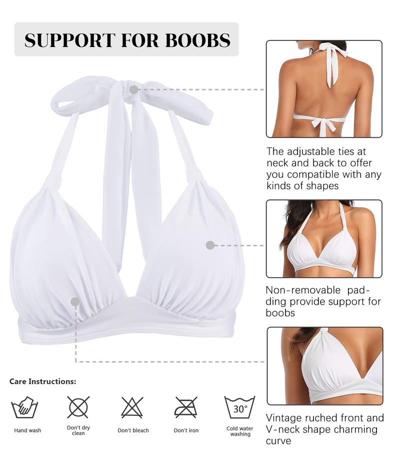 Balasami Women's Retro 50s Plaid Pattern Polka Dot Halter Molded Soft Pads Vintage Bikini Swimsuits Tops (M, White) - Image 2